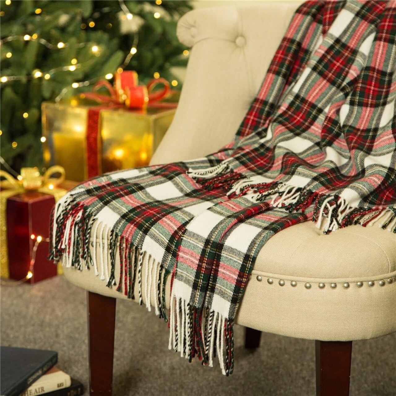Christmas 100% Acrylic Dress Stewart Tartan Plaid Throw Blanket with Fringe, 50 x 60 Inch